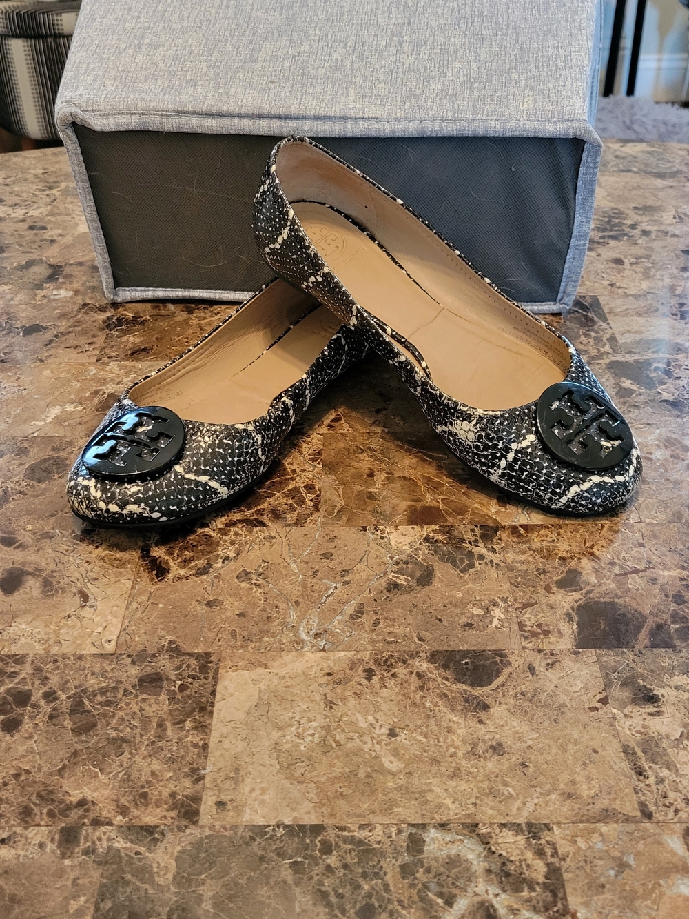 Tory Burch Black Snake-Print Reva Ballet Flats